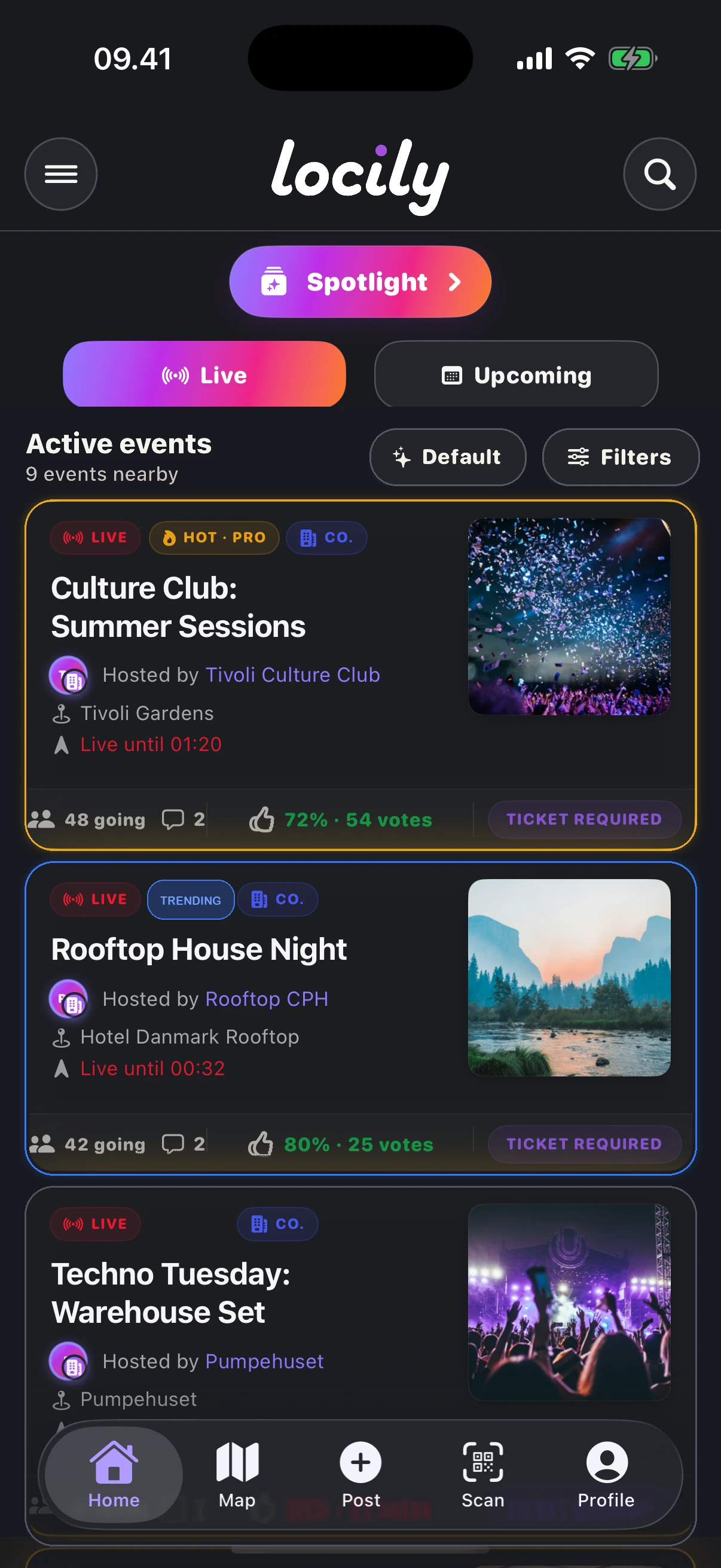 Locilys liste over alle events med live-eventkort og skift til Spotlight
