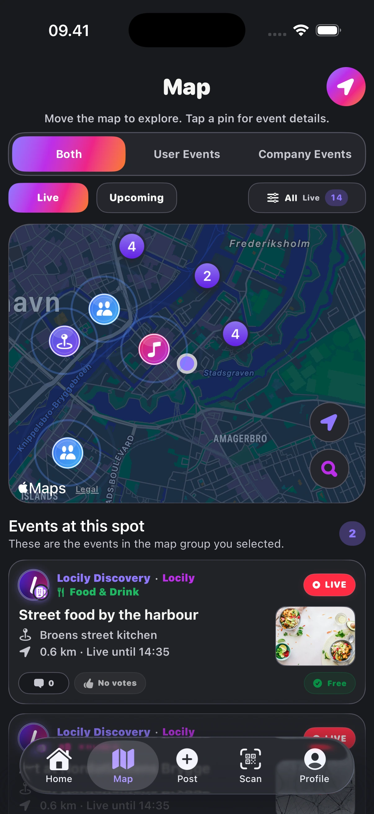 Locilys eventkort i den udgivne iPhone-app