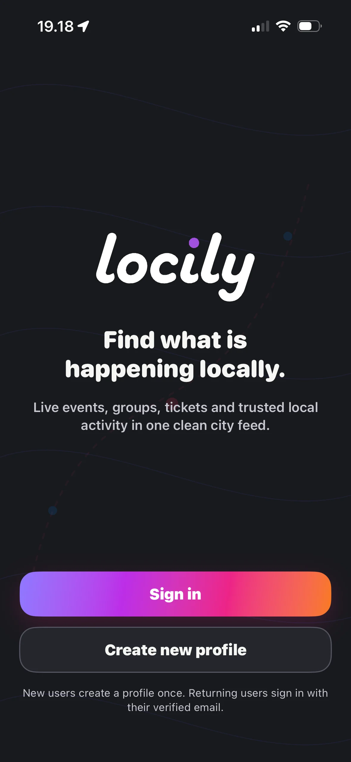 Locilys velkomst- og loginvisning i den udgivne iPhone-app